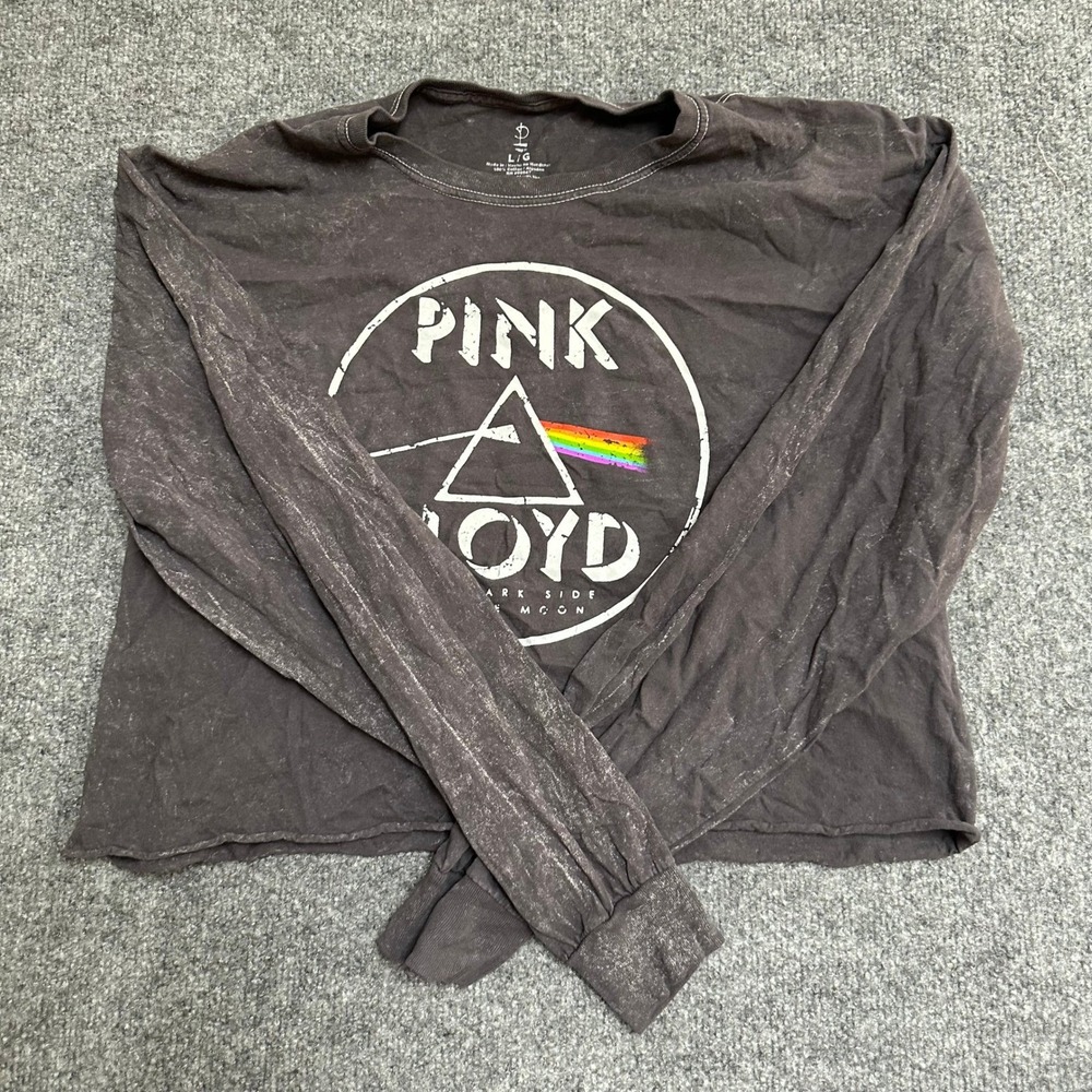 Pink Floyd Shirt Womens Size L Gray Dark Side Moon Crop Long Sleeve Graphic